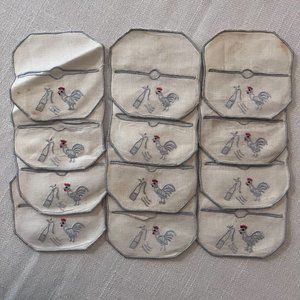 Vintage 1950's Rooster Linen Stemware Coaster Slippers (Set of 12)